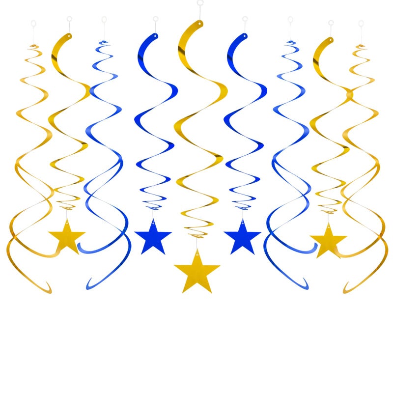 Capesaro Blue Gold Star Hanging Swirl Decorations,Foil Streamers Ceiling Hanging Whirls Party Decorations,Pack of 20 - Image 1